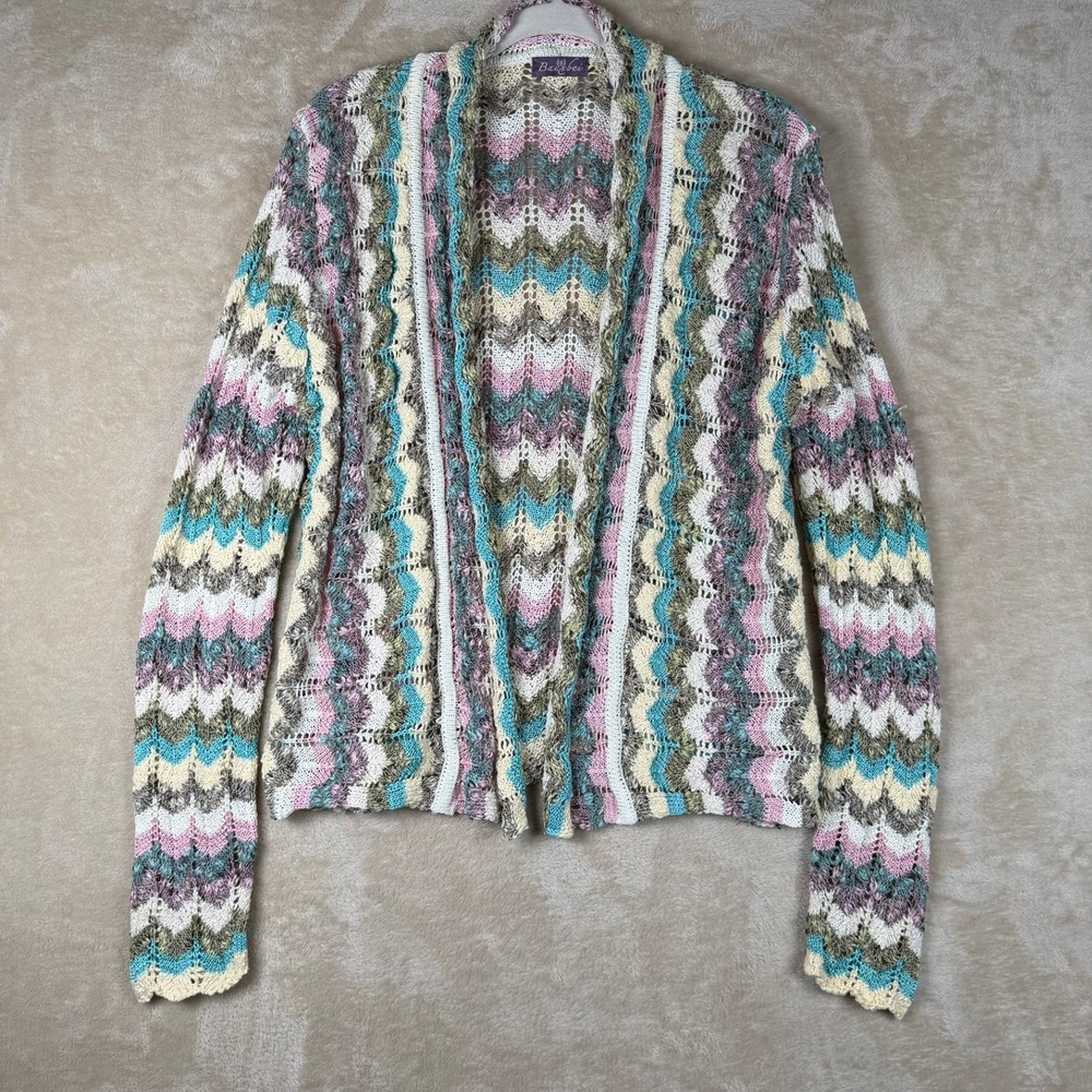 Bauxbei Womens M Chevron Crochet Open Front Cardigan Pink Teal Cotton Blend Boho